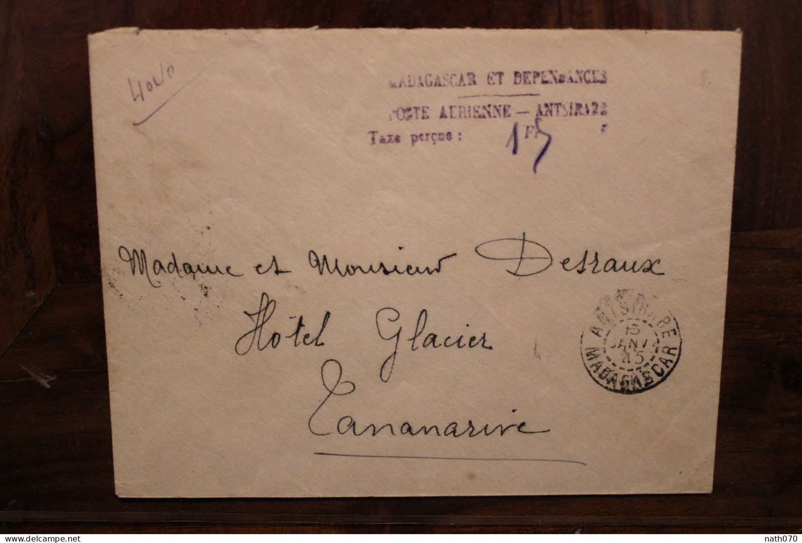 1945 Taxe Perçue Poste Aérienne Antsirabe Madagascar France Cover - Brieven En Documenten