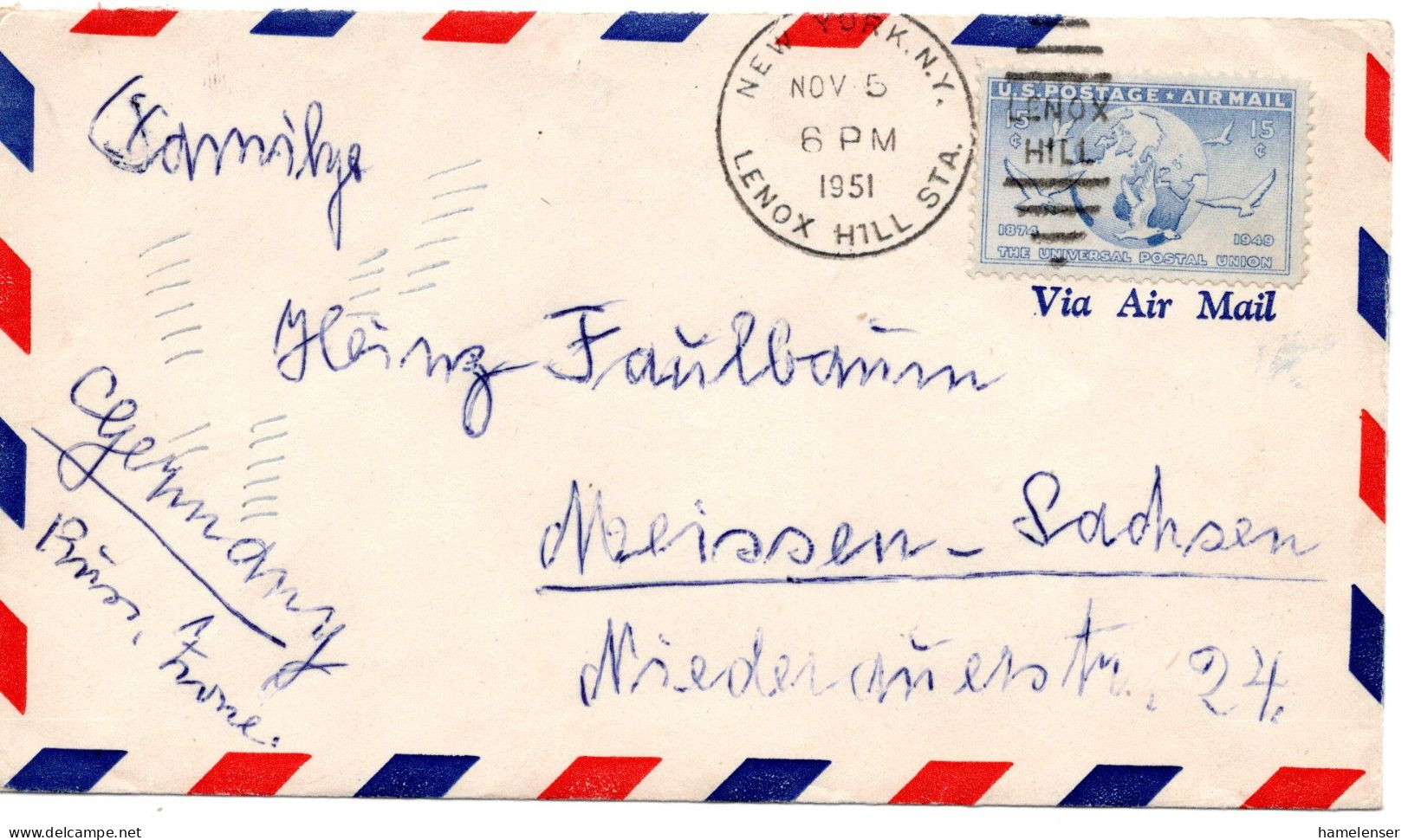 64895 - USA - 1951 - 15￠UPU '49 EF A LpBf NEW YORK, N.Y. -> DDR - UPU (Unión Postal Universal)