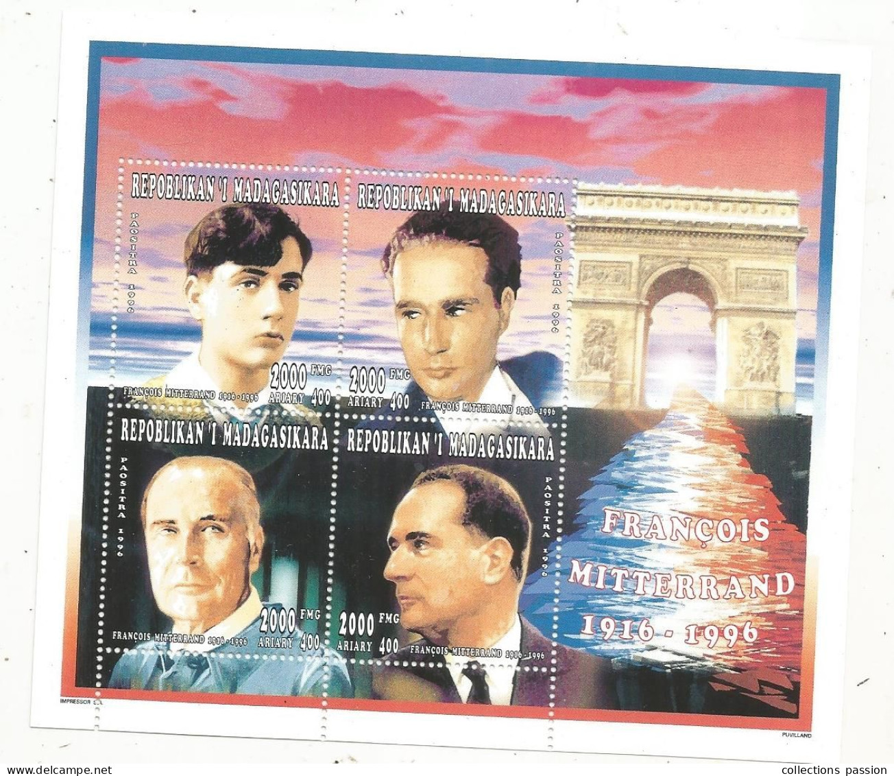 Bloc De 4 Timbres ,Madagascar ,repoblikan 'l Madagasikara ,François MITTERRAND ,1916-1996 - Madagascar (1960-...)