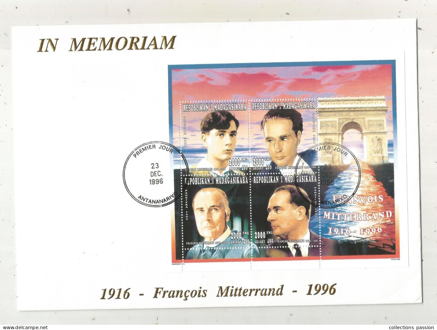 Fdc,1er Jour , Bloc De 4 Timbres ,Madagascar , Madagasikara ,François MITTERRAND, Antananarivo,1996, Frais Fr 2.25 E - Madagascar (1960-...)