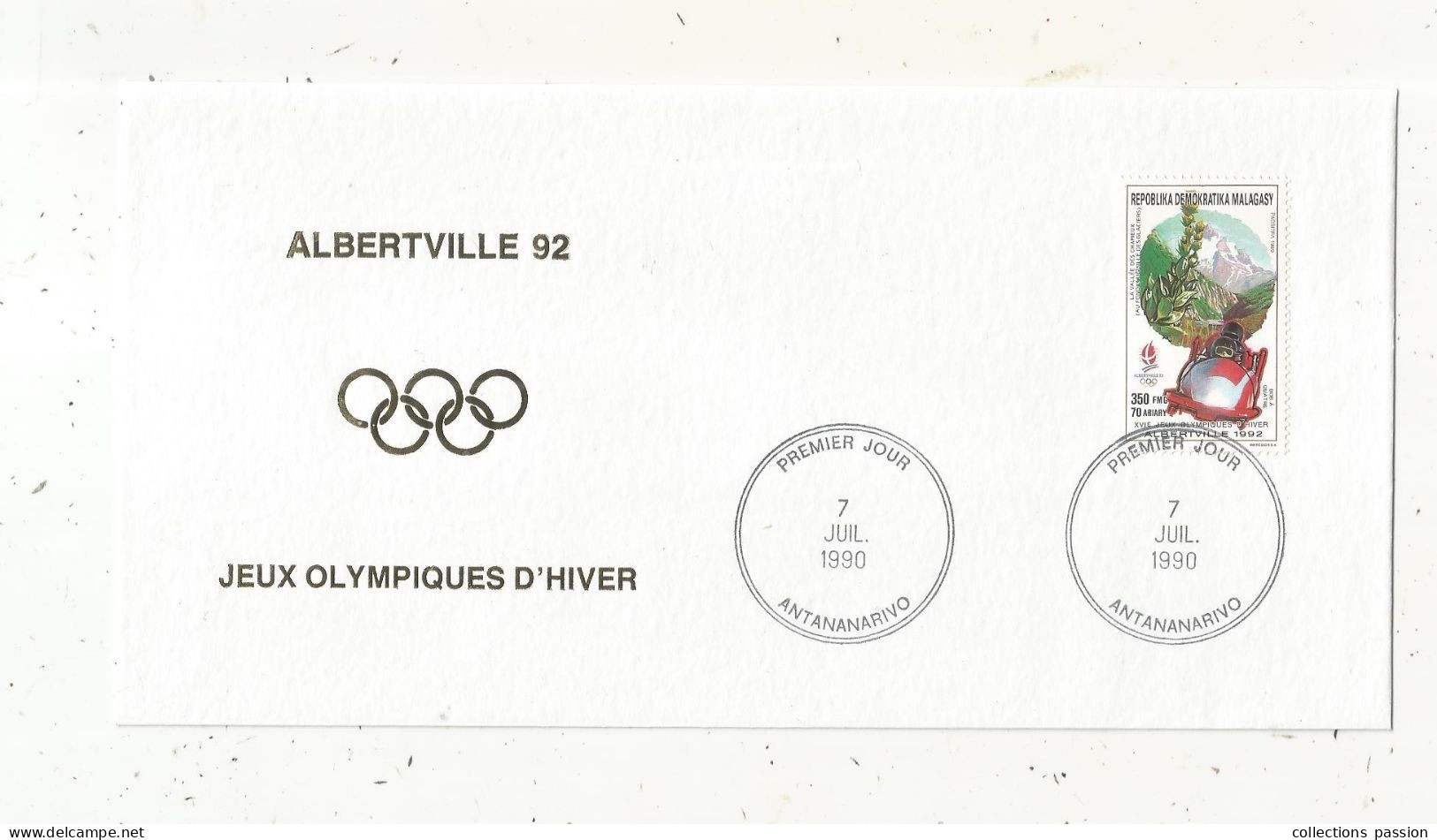 Fdc,1er Jour  ,Madagascar , Madagasikara , Jeux Olympiques D'hiver,ALBERTVILLE 92, Antananarivo 1990,  Frais Fr 1.85 E - Madagascar (1960-...)