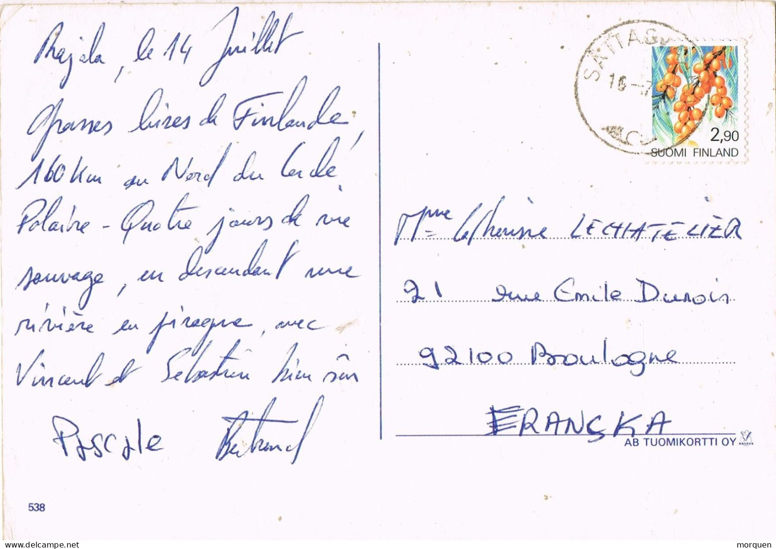 49556. Postal SATTASVAARA (Suomi) Finlandia 1979 To France. Remitida De RAJALA - Storia Postale