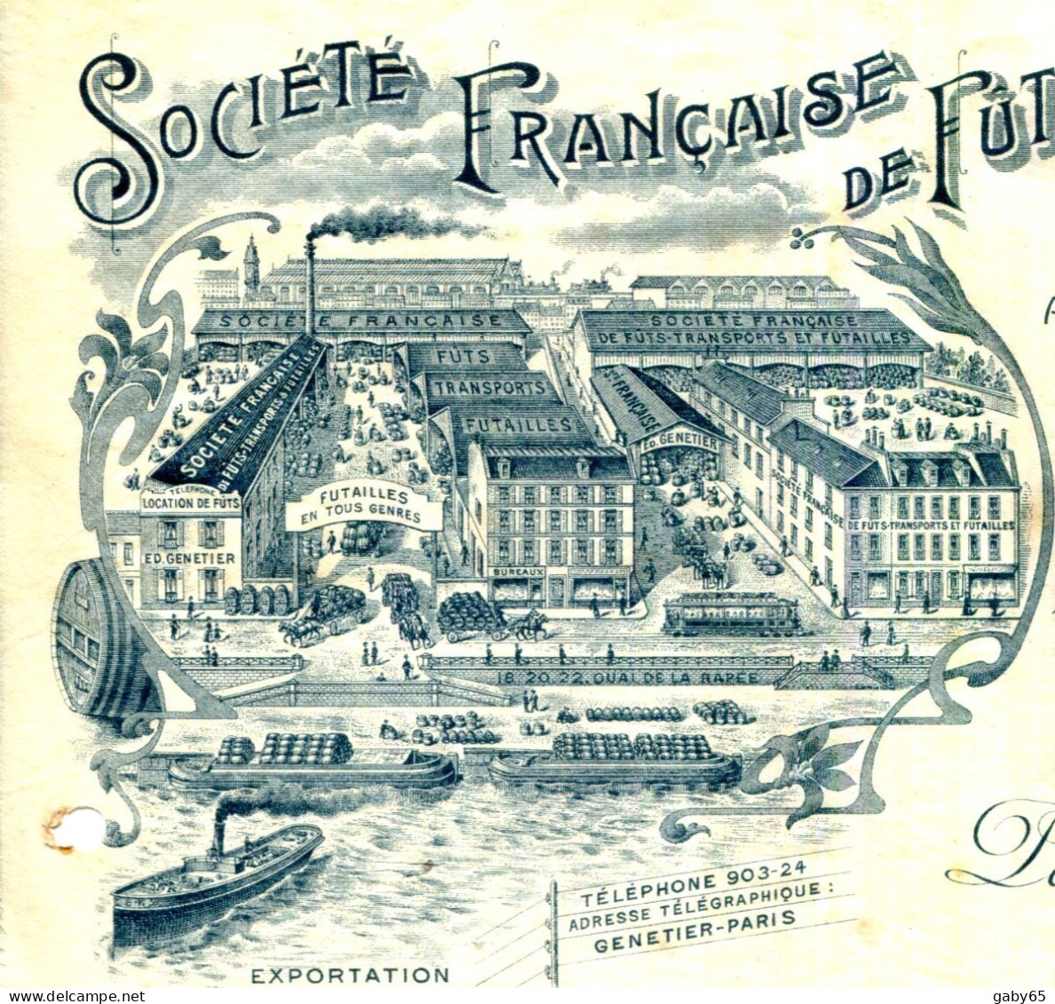 FACTURE.PARIS.SOCIETE FRANÇAISE DE FUTS DE TRANSPORTS & FUTAILLES.ED.GENETIER 18 à 22 QUAI DE LA RAPÉE. - Transport