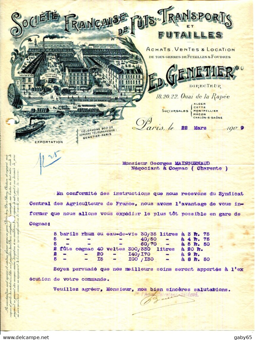 FACTURE.PARIS.SOCIETE FRANÇAISE DE FUTS DE TRANSPORTS & FUTAILLES.ED.GENETIER 18 à 22 QUAI DE LA RAPÉE. - Transportmiddelen