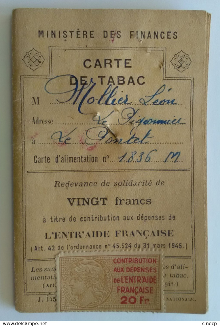 CARTE DE TABAC Contribution Aux Dépenses De L'ENTR'AIDE FRANCAISE  20Fr Le Pontet Vaucluse 2de Guerre Mondiale  Timbre - Dokumente