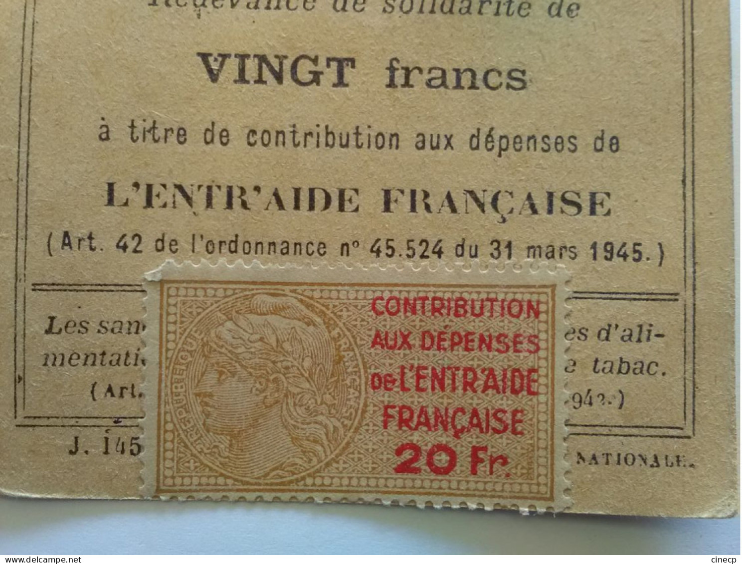 CARTE DE TABAC Contribution Aux Dépenses De L'ENTR'AIDE FRANCAISE  20Fr Le Pontet Vaucluse 2de Guerre Mondiale  Timbre - Dokumente