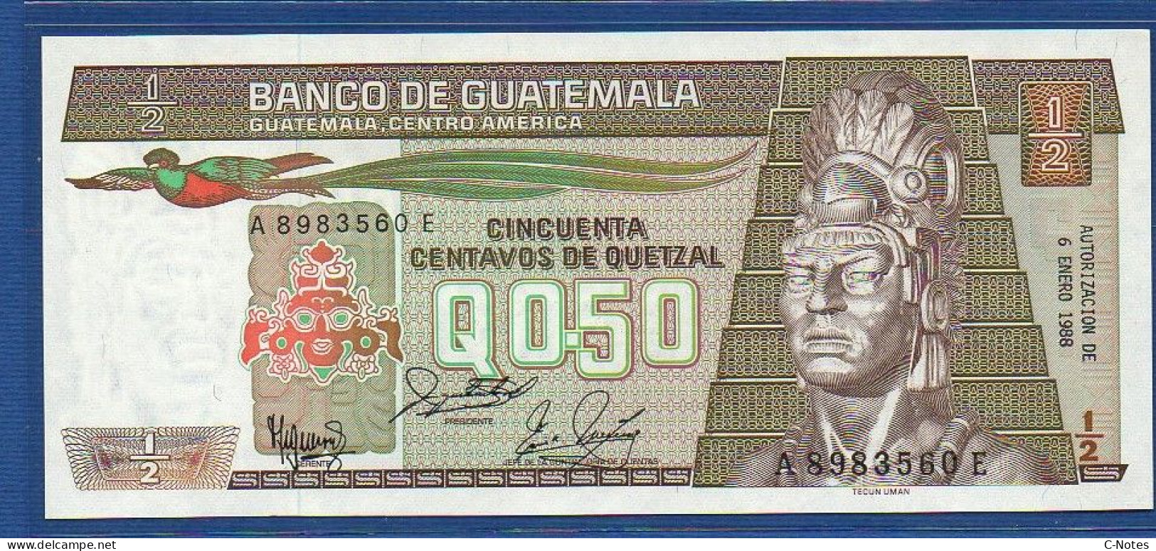 GUATEMALA - P. 65 – 50 Centavos De Quetzal 06.01.1988 UNC, S/n  A8983560E,   Printer: Giesecke & Devrient, Munich - Guatemala