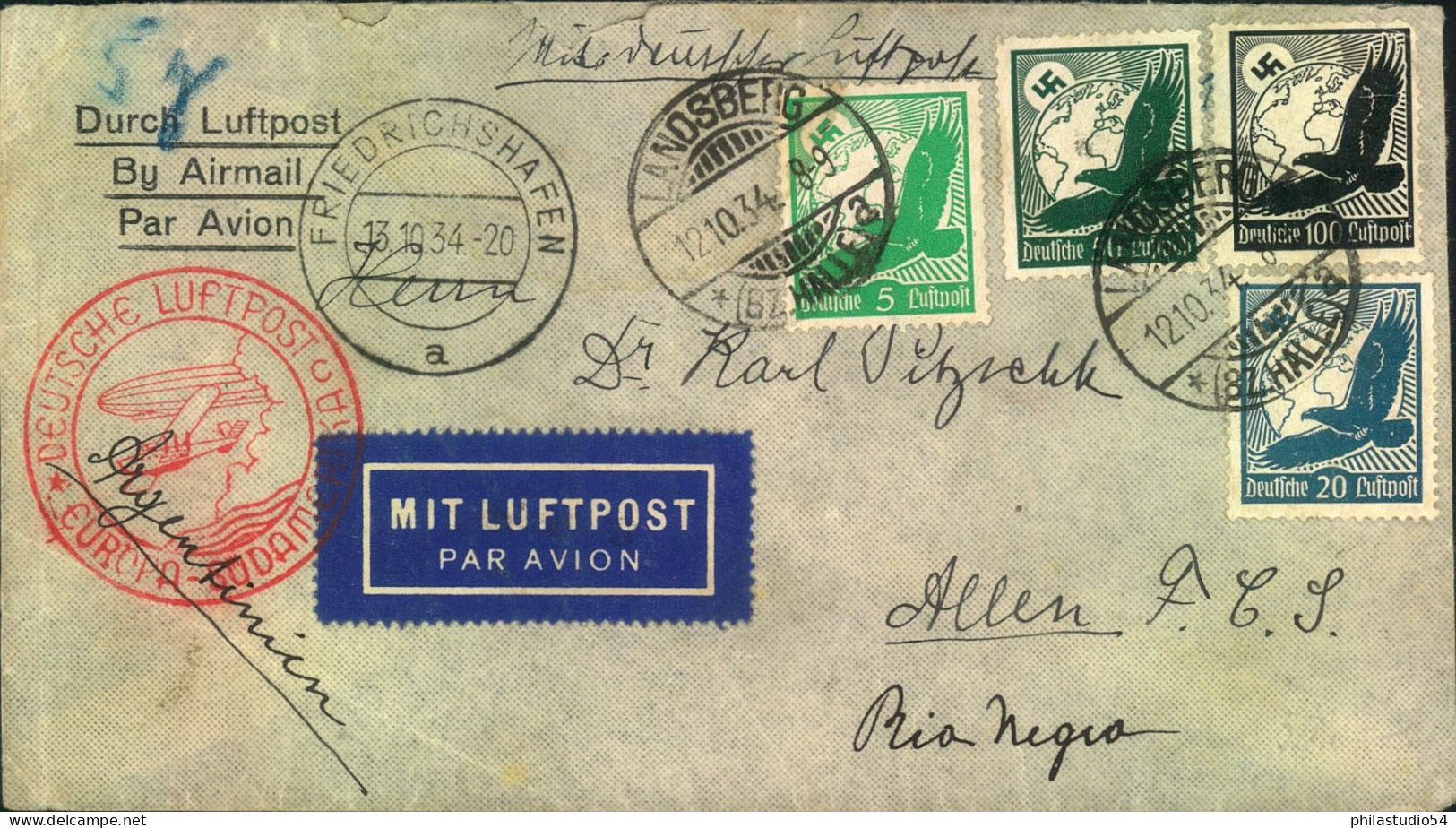 1934, Zeppelinbrief Ab LANDSBERG (Bz. HALLE) Nach Rio De Janeiro - Storia Postale