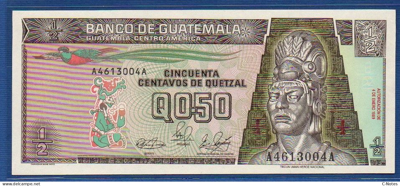 GUATEMALA - P. 72a – 50 Centavos De Quetzal 04.01.1989 UNC, S/n  A4613004A,   Printer: Canadian Bank Note Company - Guatemala