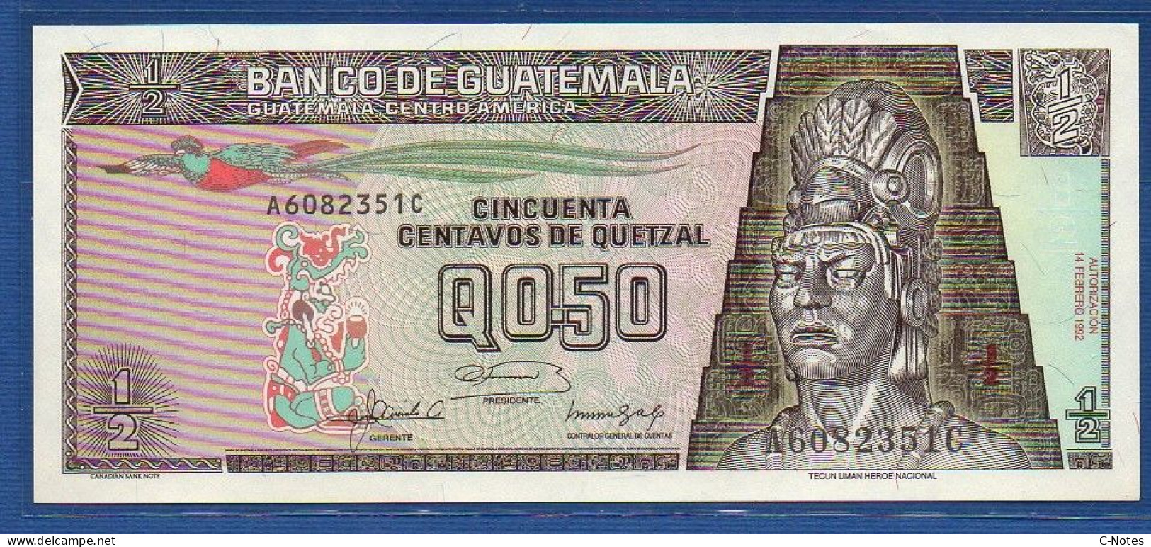 GUATEMALA - P. 72b – 50 Centavos De Quetzal 14.02.1992 UNC, S/n  A6082351C,   Printer: Canadian Bank Note Company - Guatemala