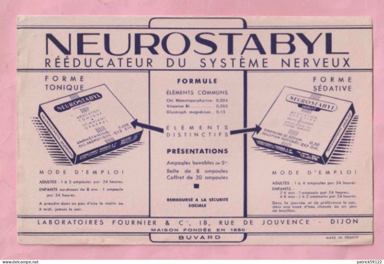 BUVARD - NEUROSTABYL - LABORATOIRES FOURNIER DIJON - PRODUITS PHARMACEUTIQUES - Drogisterij En Apotheek