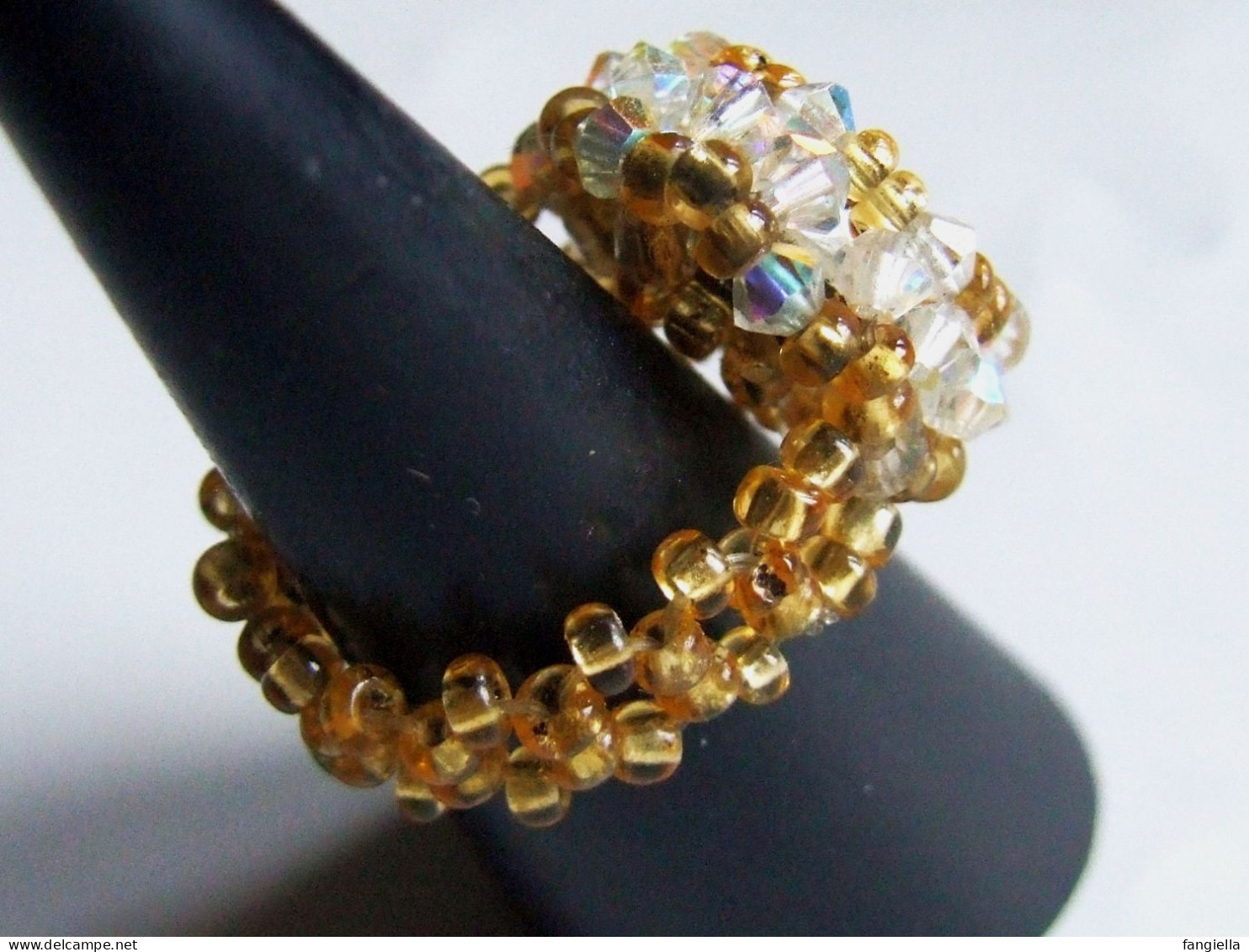 Bague artisanale cristal, cabochon et perles Swarovski, Cristal AB2X, perles en verre tchèque doré, bague de mariage, bi