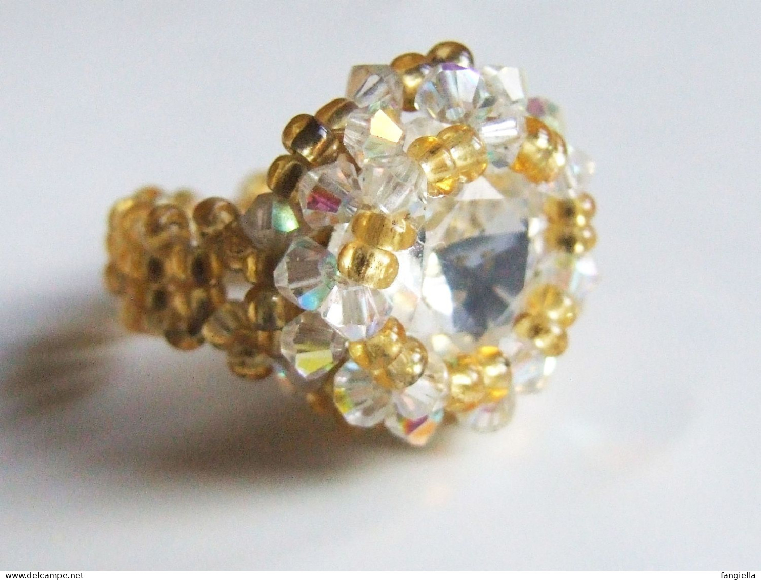 Bague artisanale cristal, cabochon et perles Swarovski, Cristal AB2X, perles en verre tchèque doré, bague de mariage, bi
