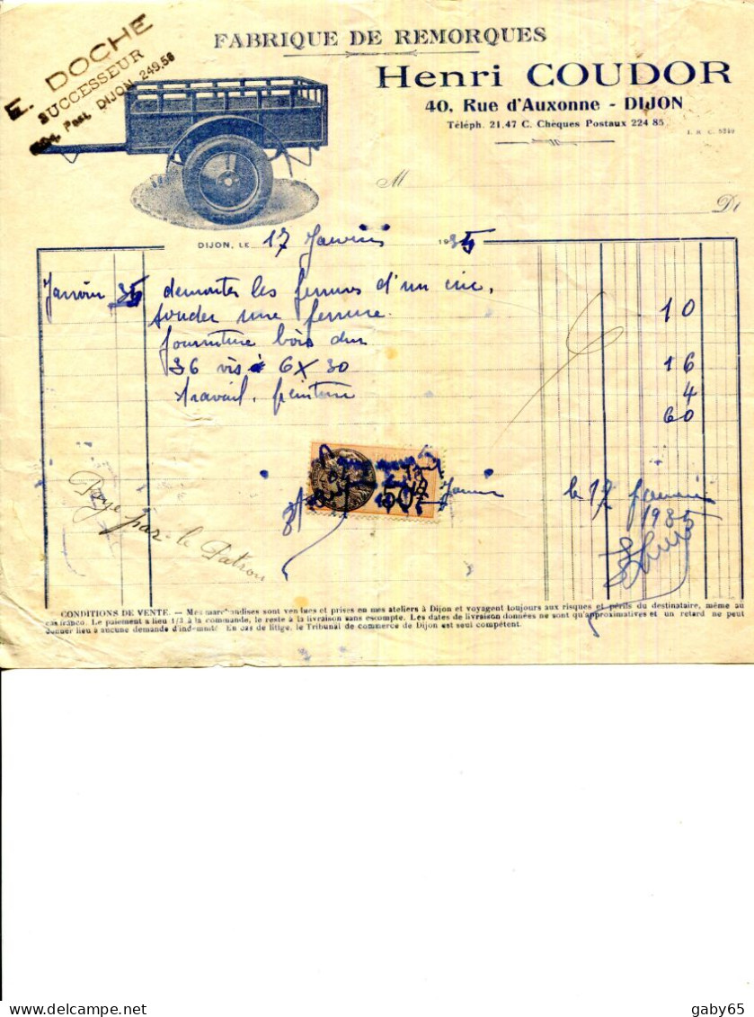 FACTURE.21.COTE D'OR.DIJON.FABRIQUE DE REMORQUES.HENRI COUDOR 40 RUE D'AUXONNE. - Automobile