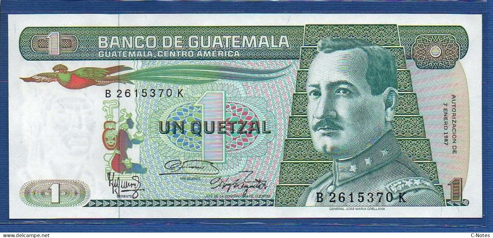 GUATEMALA - P. 66 1987 (1)– 1 Quetzal 07.01.1987 UNC, S/n  B2615370K,   Printer: Giesecke & Devrient, Munich - Guatemala