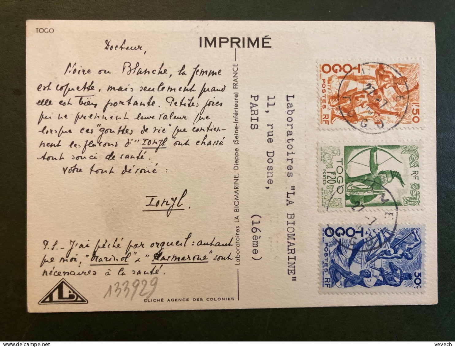 CP Pour FRANCE TP 1F50 + 1F20 + 30c OBL.27-7 ? LOME - Cartas & Documentos