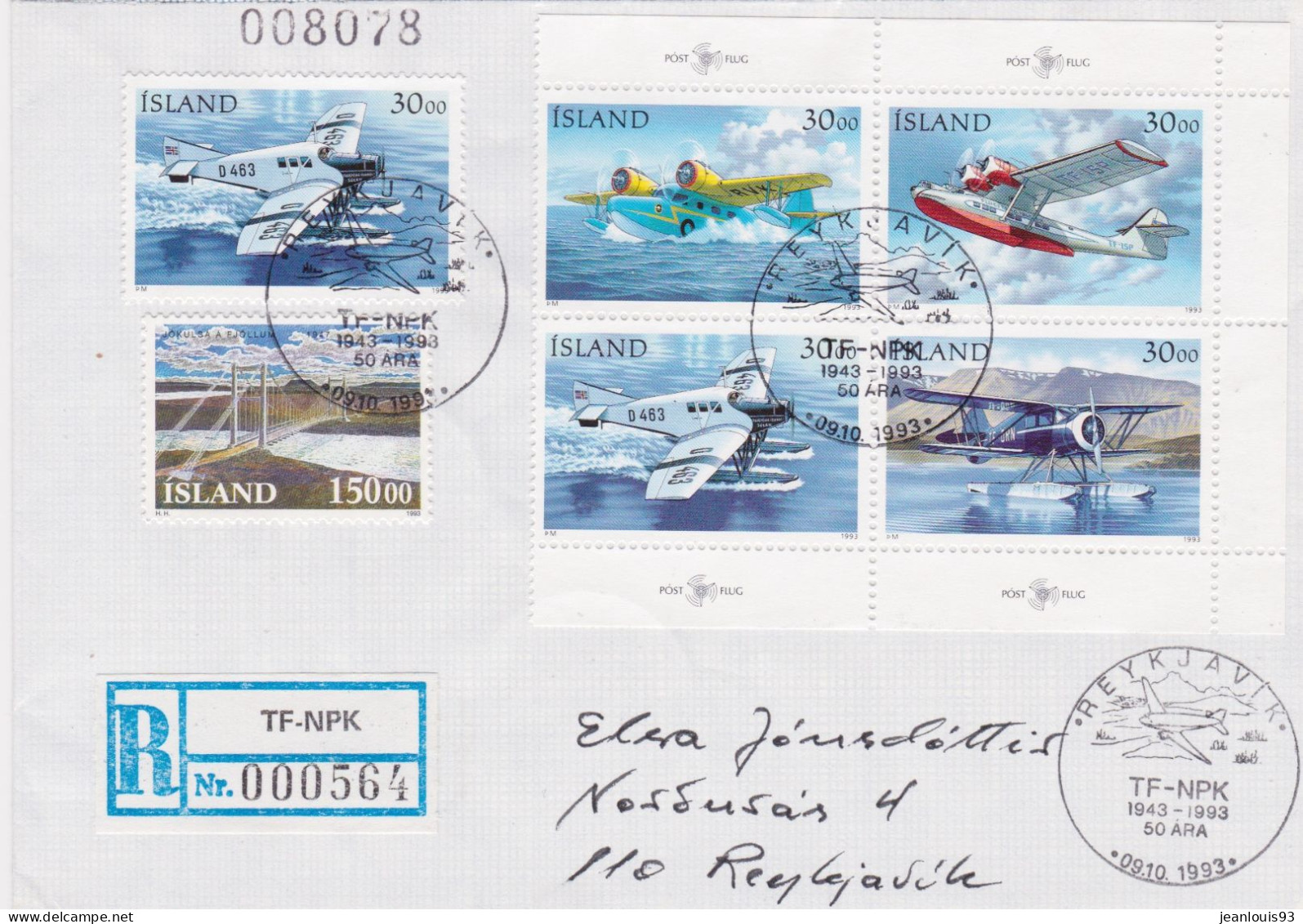 ISLANDE - BELLE LETTRE RECOMMANDEE TIMBRES AVION 1993 - Poste Aérienne