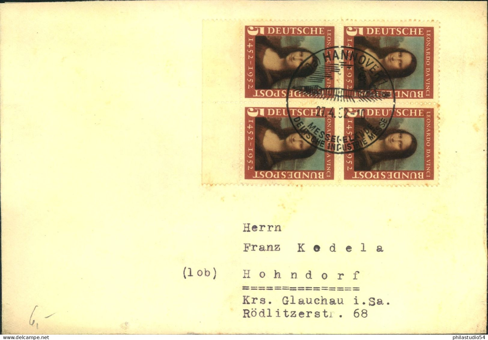 1952, 5 Pf. Mona Lisa Im Viererblock Auf Fernbrief Ab HAAMBURG - Storia Postale