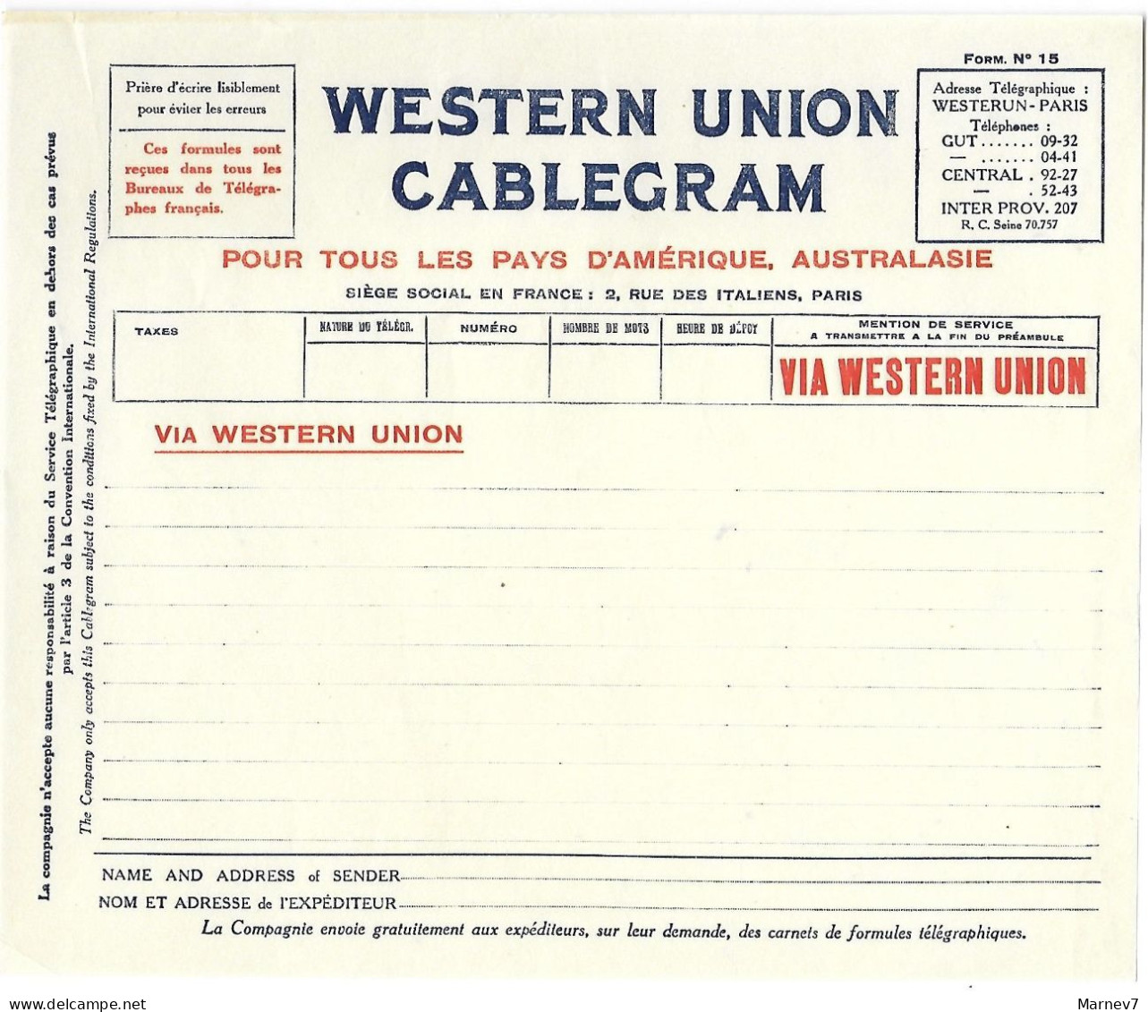 Télégramme - Formule 15 Vierge - WESTERN UNION CABLEGRAM - Pour Tous Pays D'Amérique Et Austrasie - Non écrire - Télégraphes Et Téléphones