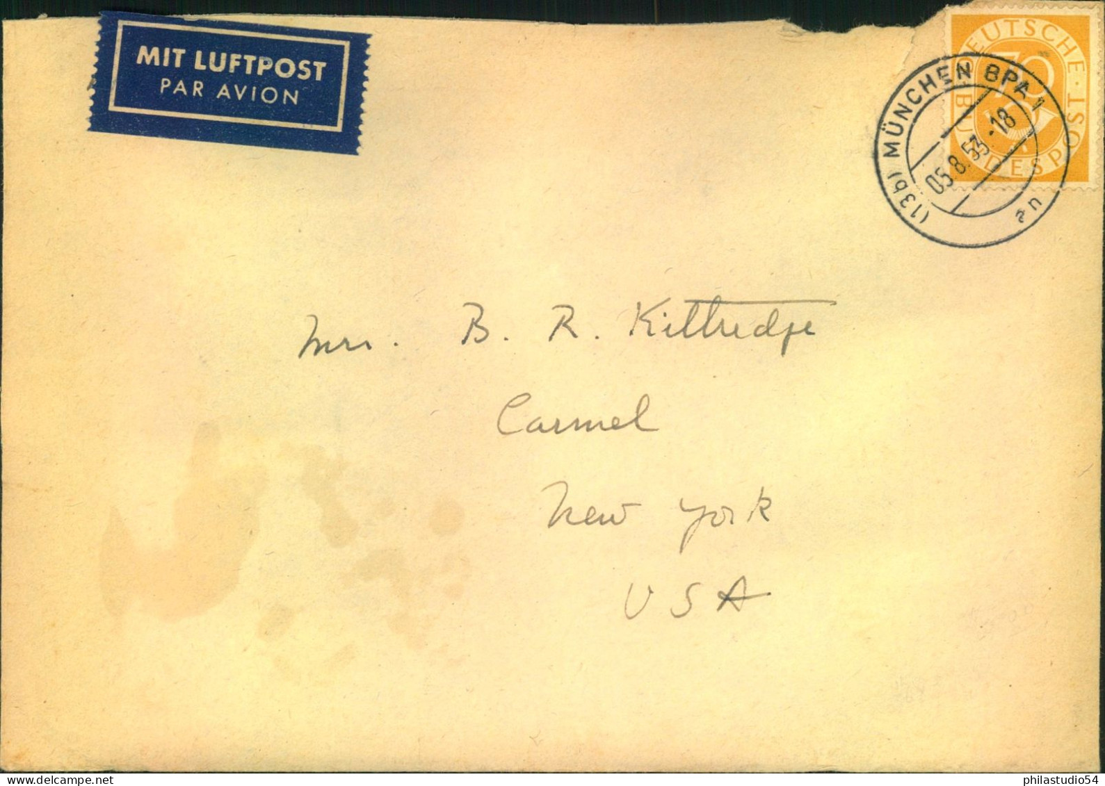 1953, 70 Pf. Posthorn Auf Luftpostbrief Ab MÜNCHEN Nach USA - Covers & Documents