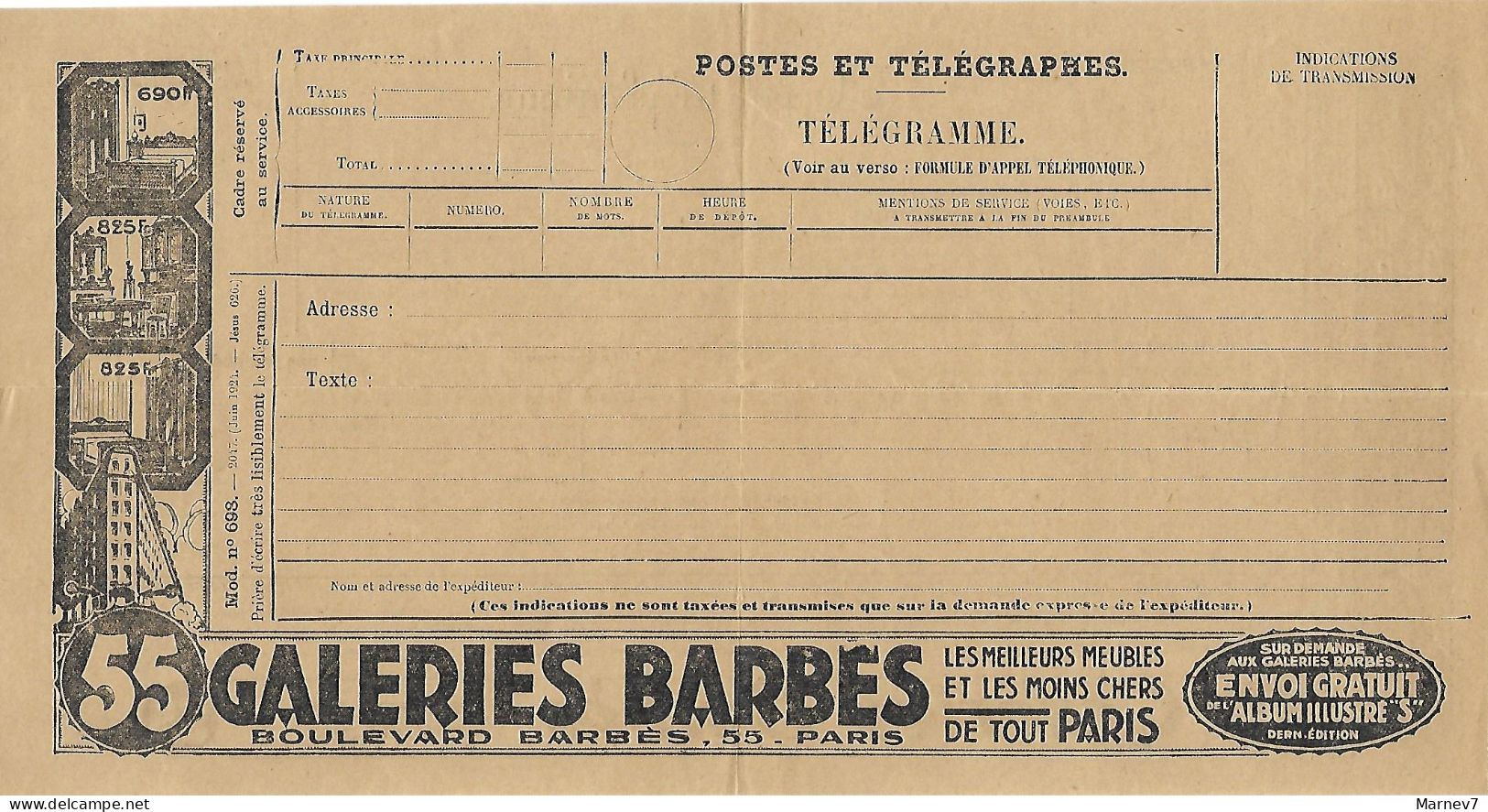Télégramme Postes Et TELEGRAPHES - Formule 1392-25 - Publicité GALERIES BARBES - Non écrite - Meubles - Telegraaf-en Telefoonzegels