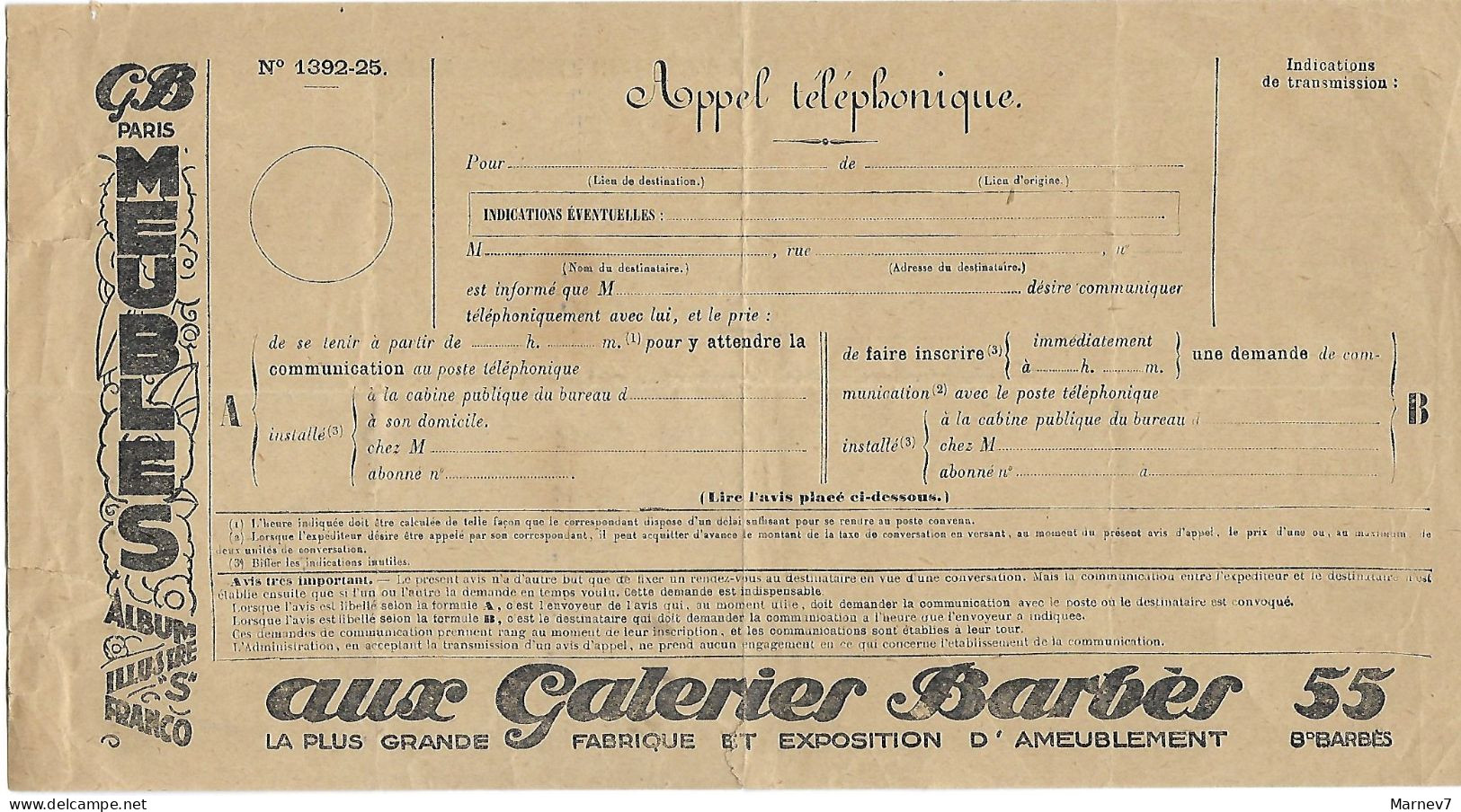 Télégramme Postes Et TELEGRAPHES - Formule 1392-25 - Publicité GALERIES BARBES - Meubles - Telegraph And Telephone