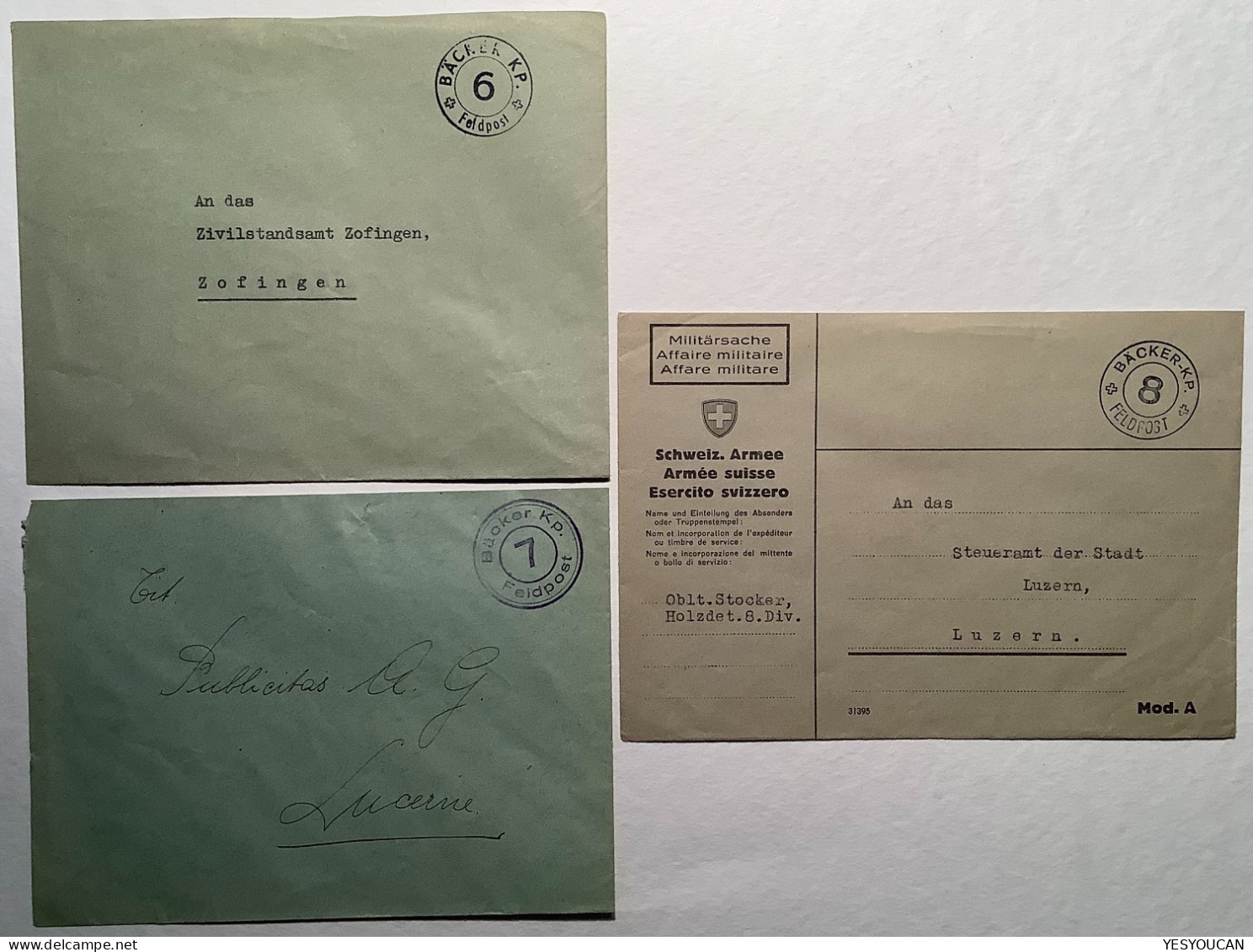 Schweiz 1939-45 "BÄCKER KP FELDPOST" #6,7,8 Brief Armée Suisse Boulangerie/bakery (WW2war Guerre Lettre Bread Brot Pain - Cartas & Documentos