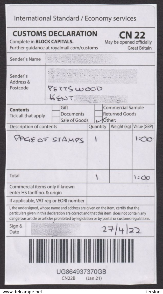 UK United Kingdom 2021 Petts Wood KENT Customs Declaration / DÉCLARATION EN DOUANE / LABEL VIGNETTE FORM CN22 CN 22 - Ganze Bögen & Platten