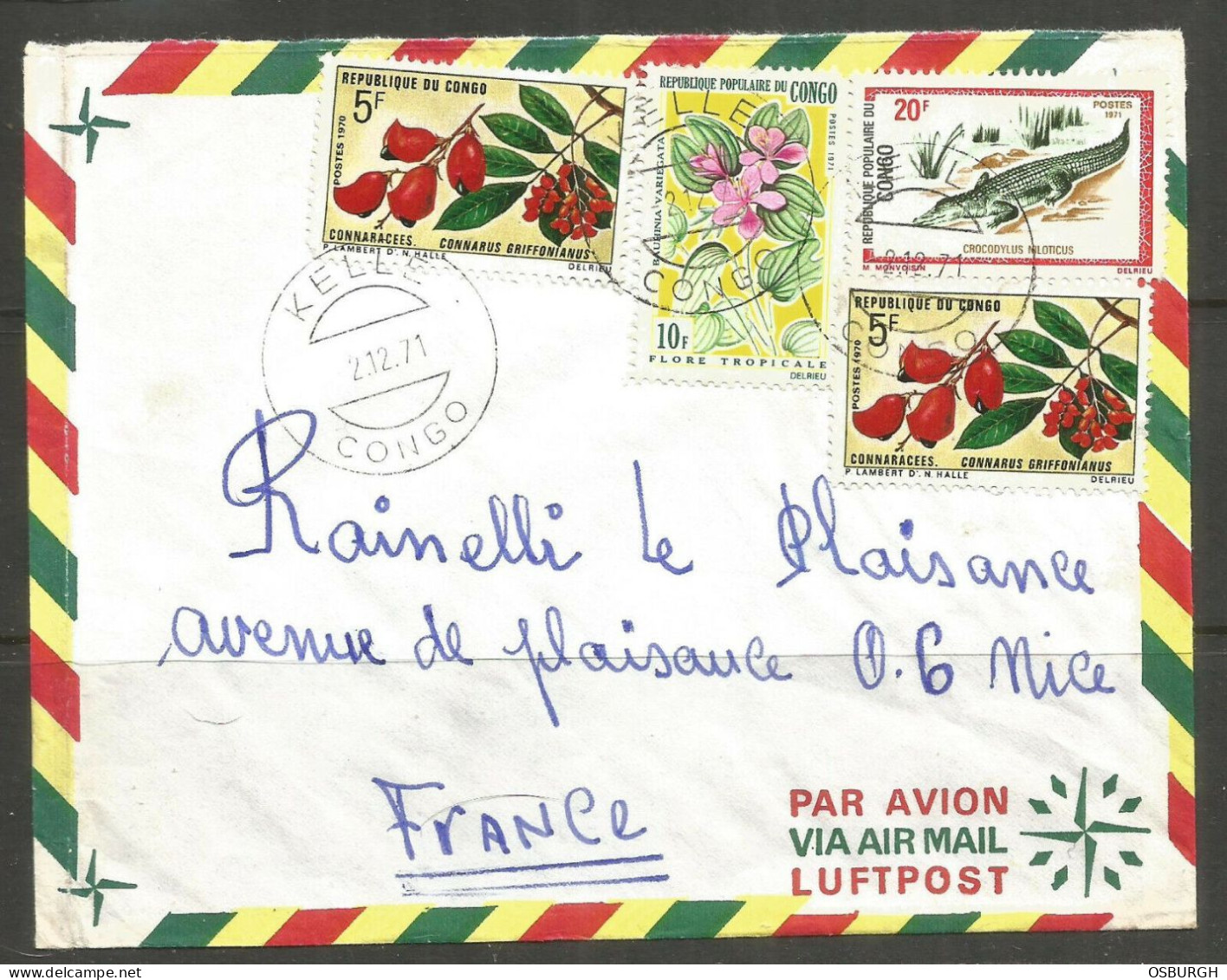 CONGO. 1971. AIR MAIL COVER TO FRANCE. KELLE POSTMARK. - Oblitérés