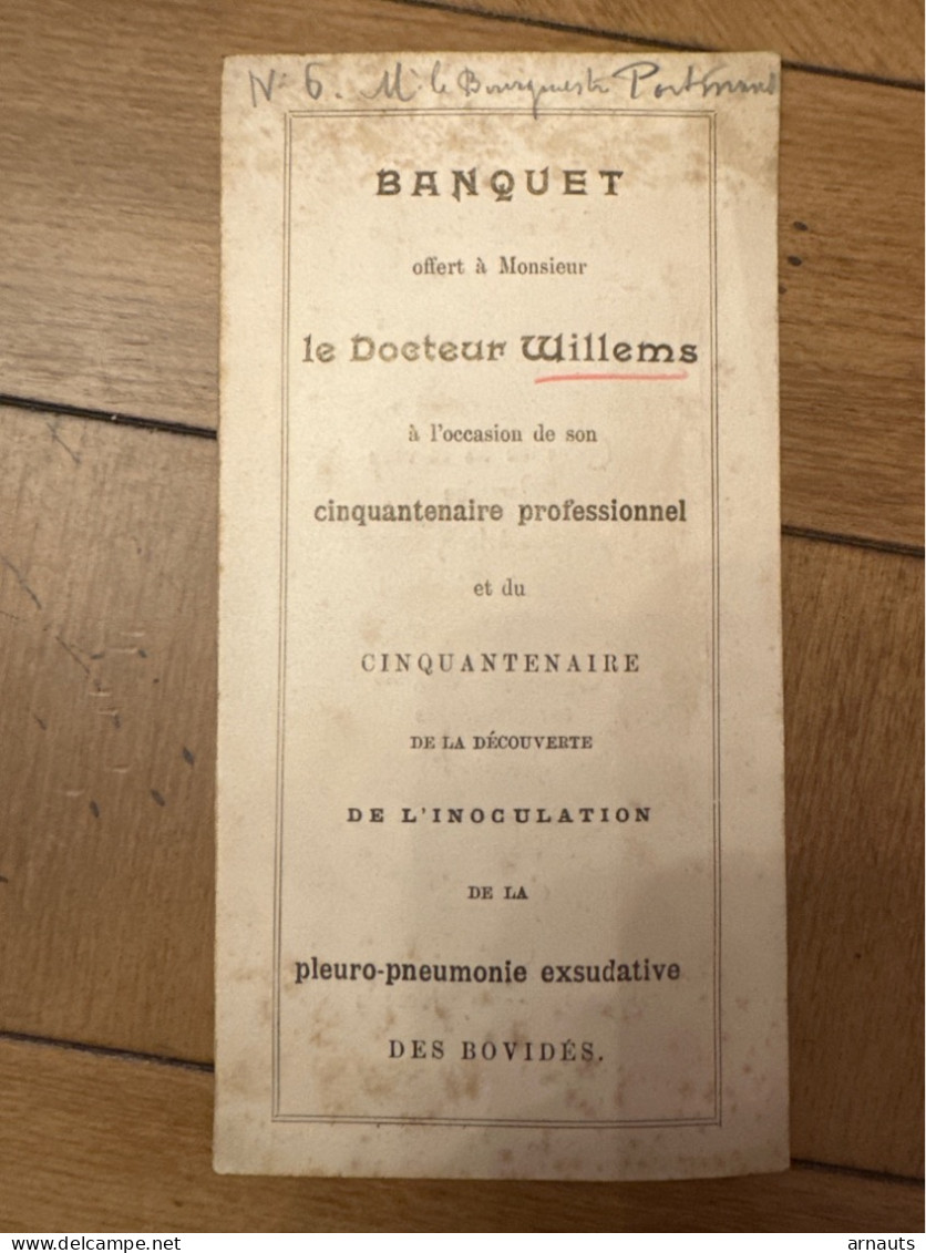 Banquet Offert Mr Docteur Willems Occasion Découverte De L’inoculation: Pleuro-pneumonie Exsudative Bovidés Hasselt - Engagement