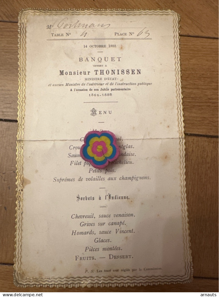 Banquet 1888 Offert Mr Thonissen Ministre D’Etat Jubile Parlementaire Imp Hasselt - Engagement