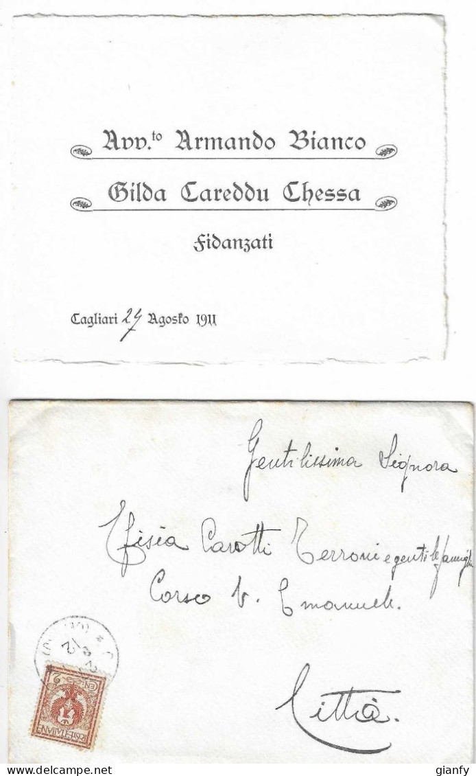 FAMIGLIE NOBILI CAGLIARI PARTECIPAZIONE DI FIDANZAMENTO BIANCO - CAREDDU CHESSA - CAGLIARI 27 AGOSTO 1911 - Engagement