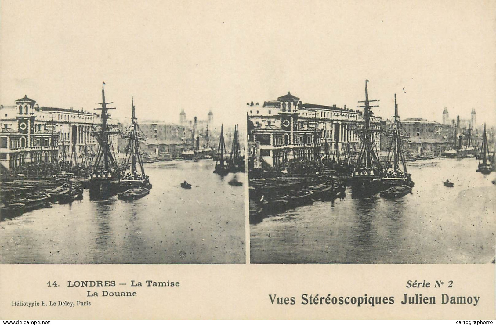 Stereographic View Stereo Postcard Julien Damoy LONDON River Thames Customs And Pier Sailship - River Thames