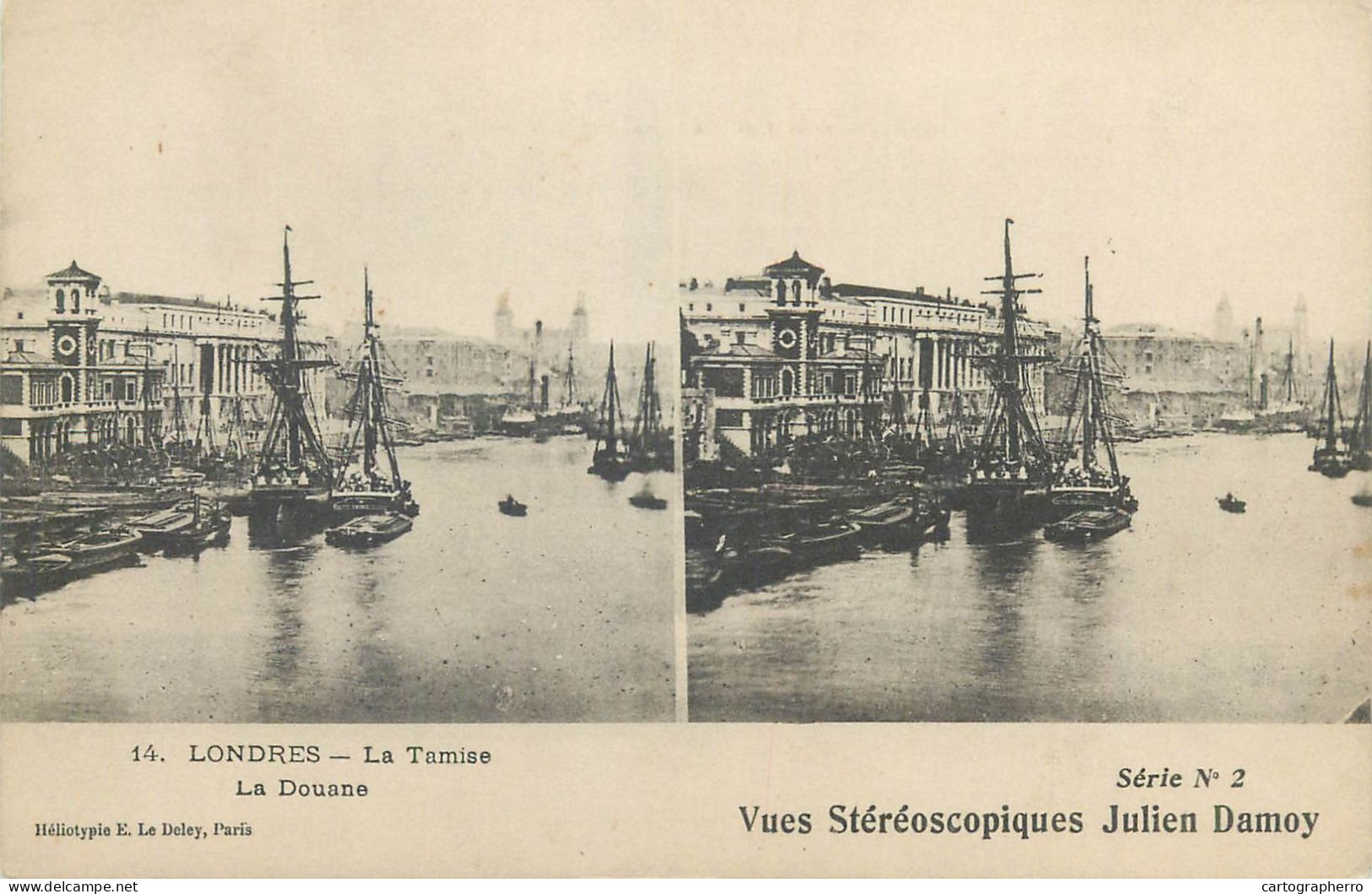 Stereographic View Stereo Postcard Julien Damoy LONDON River Thames Customs Pier Sailship - River Thames