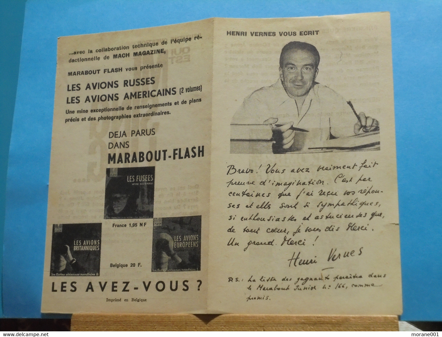 Bob Morane Encart H.Vernes Vous écrit Marabout Junior H.Vernes - Marabout Junior