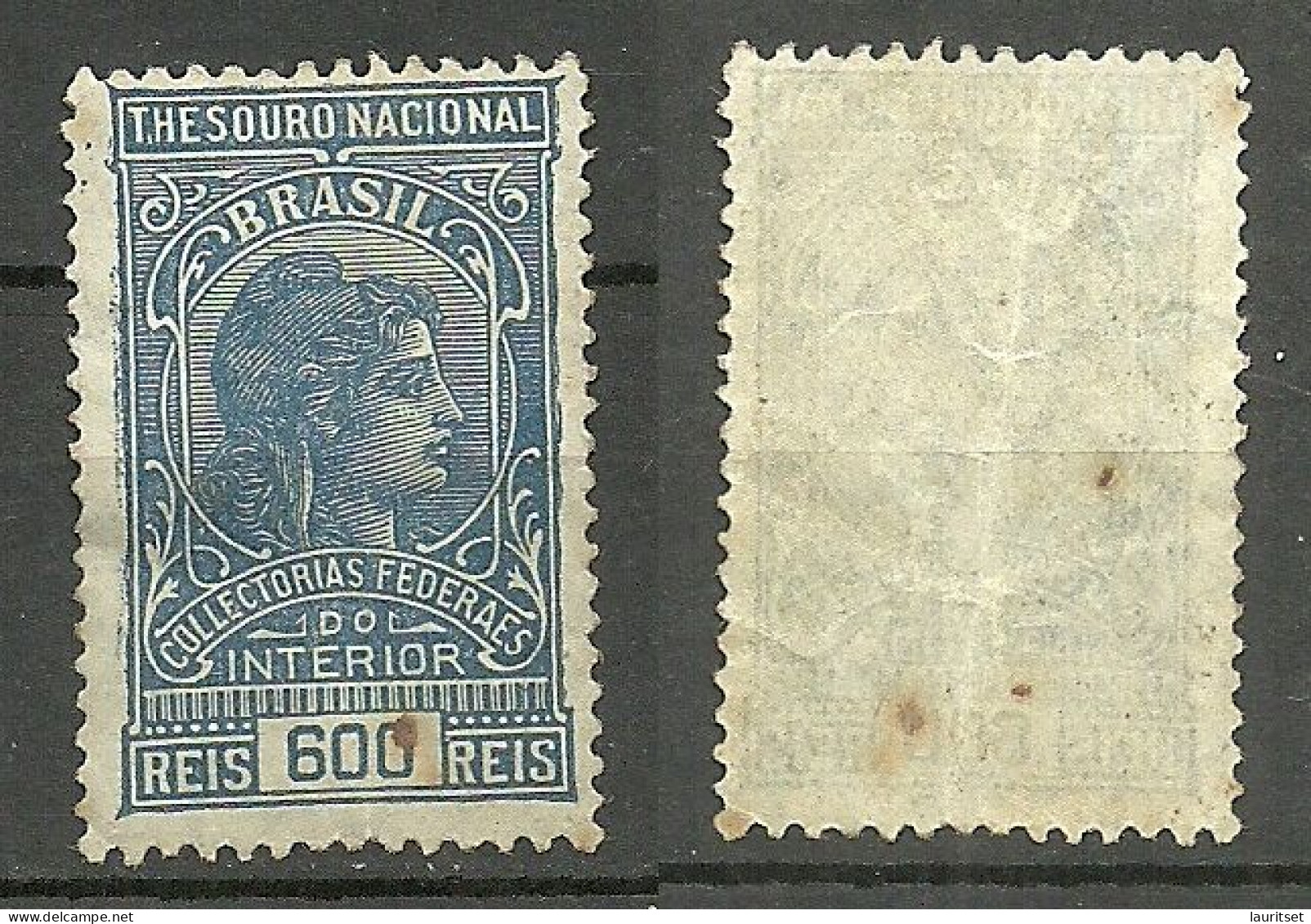 BRAZIL Brazilia Ca. 1910 Old Revenue Tax Fiscal Stamp Thesouro Nacional 600 Reis MNH NB! Vertical Fold - Servizio