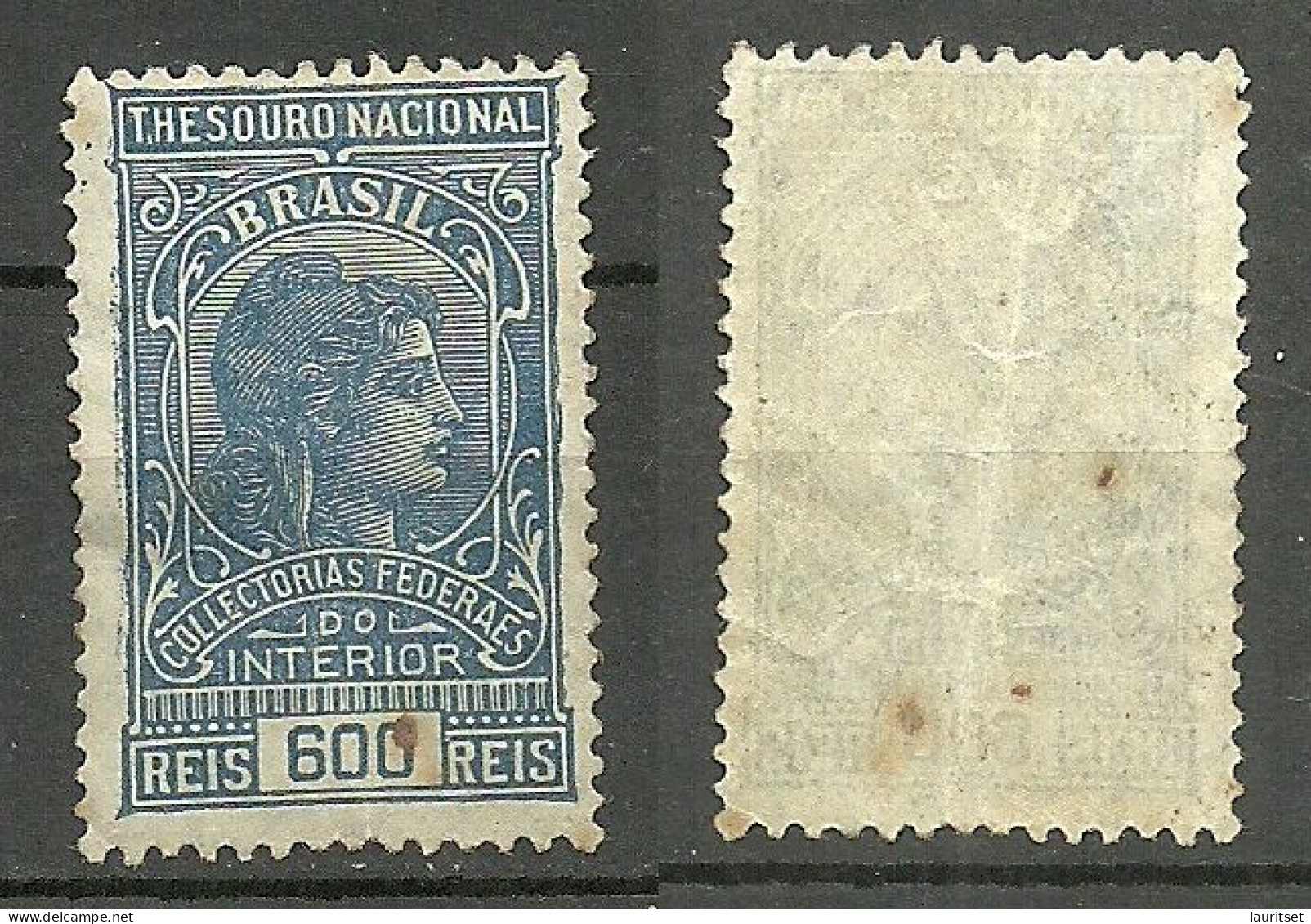 BRAZIL Brazilia Ca. 1910 Old Revenue Tax Fiscal Stamp Thesouro Nacional 600 Reis MNH NB! Vertical Fold - Oficiales