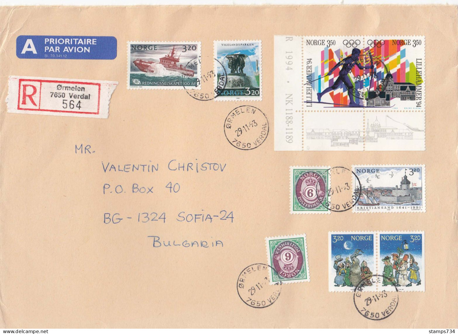 Norway-1993 - 35 NKr. - Lillehammer'94, Christmas, Shipp, NORDEN, City Kristiansand - R-Letter - Lettres & Documents