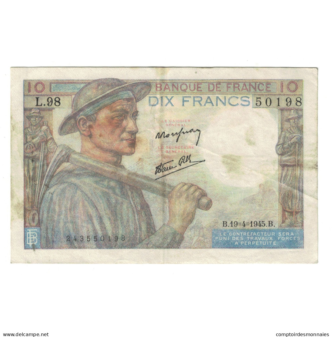 France, 10 Francs, Mineur, 1945, L.98 50198, TB, Fayette:8.13, KM:99b - 10 F 1941-1949 ''Mineur''