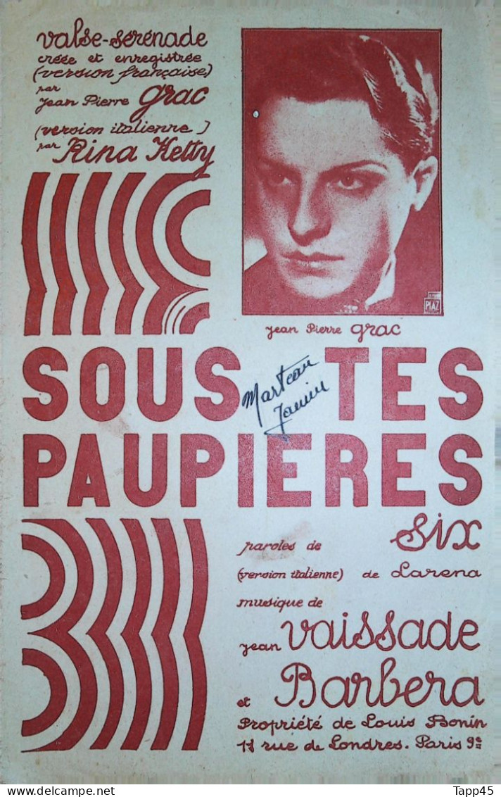 Sous Tes Paupières   > Partition Musicale Ancienne > Voir Aussi La Rubrique  Delcampe 18607 > Réf: 2/04/2023 - Vocales