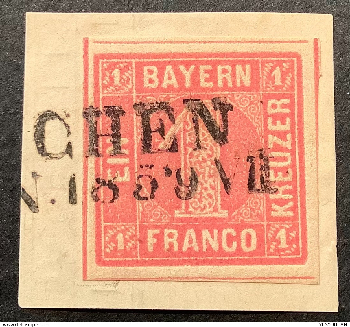 Bayern Mi 3 Ia LUXUS 1850 1 Kr Rosa Pl.1 Mit Allen Schnittlinien Auf Briefstück (Bavaria Baviére Luxe XF GEM - Usati