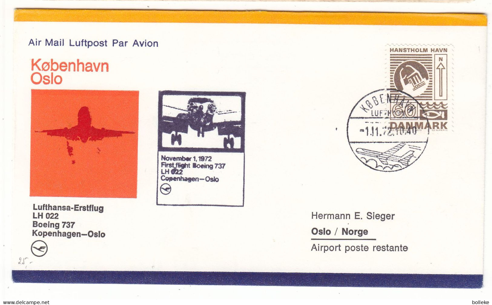 Danemark - Lettre De 1972 - Oblit Kobenhavn - 1 Er Vol Boeing 737 Copenhagen Oslo - - Storia Postale