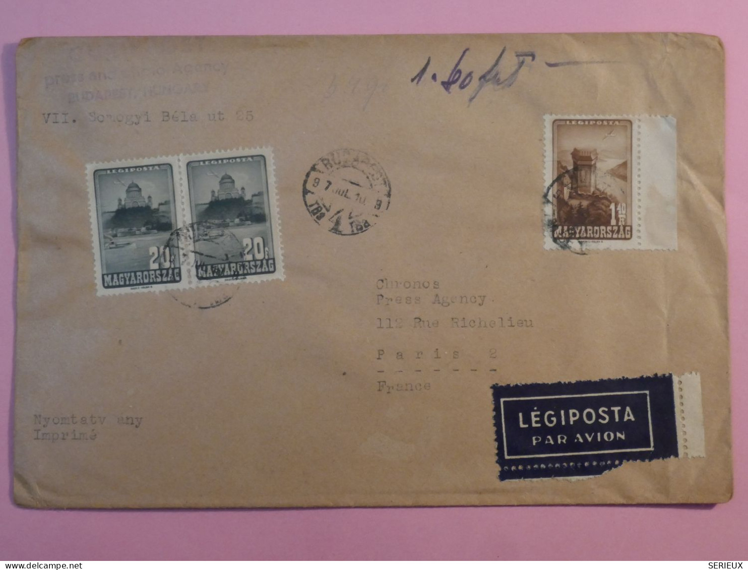 AW 21 HONGRIE BELLE  LETTRE  1947  PAR AVION BUDAPEST A PARIS FRANCE +PAIRE  +  +  AFFR. INTERESSANT+ + - Covers & Documents