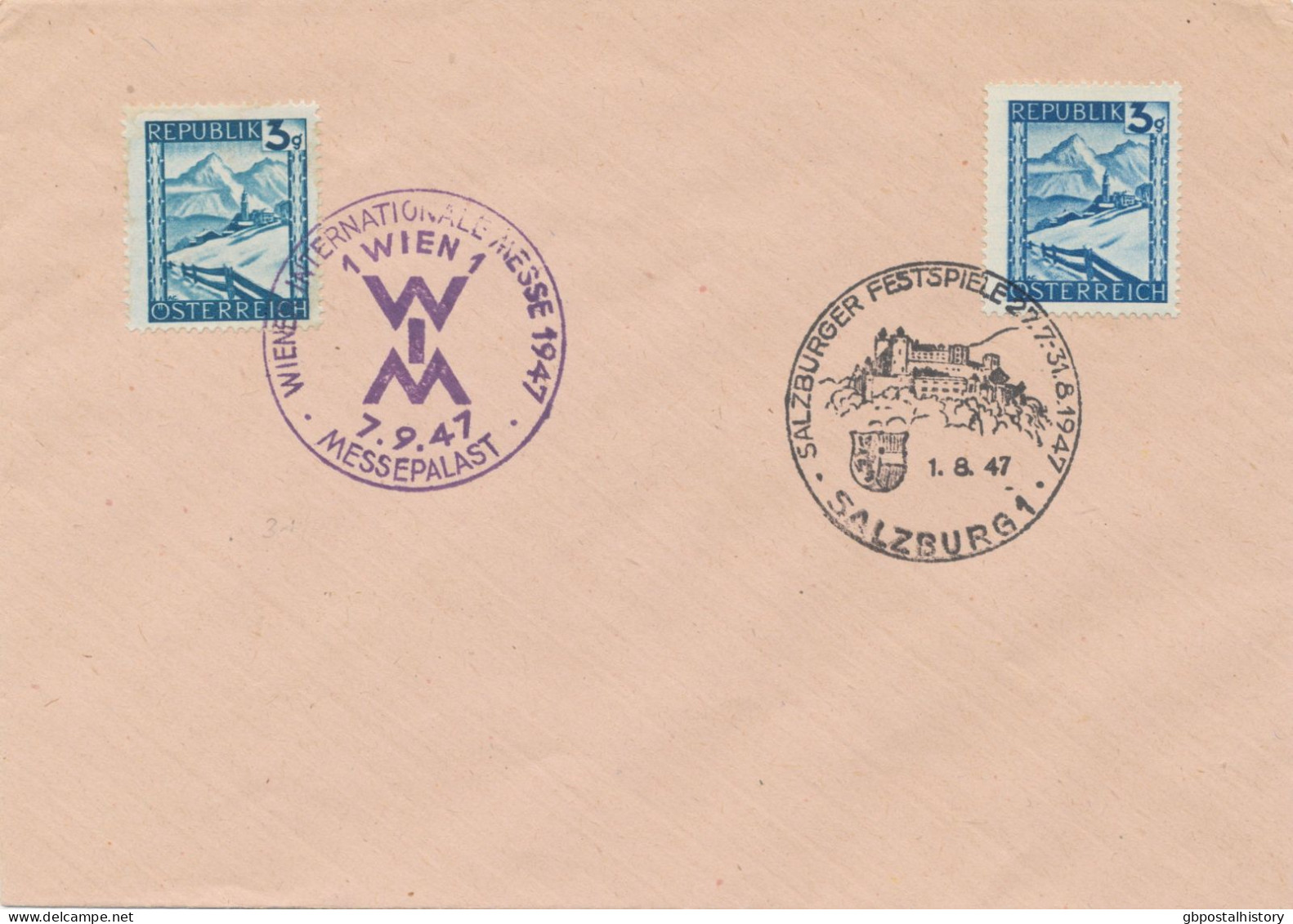 ÖSTERREICH SONDERSTEMPEL 1947 „SALZBURGER FESTSPIELE 27.7-31.8.1947 1.8.47 – SALZBURG 1“ + „WIENER INTERNATIONALE MESSE - Lettres & Documents