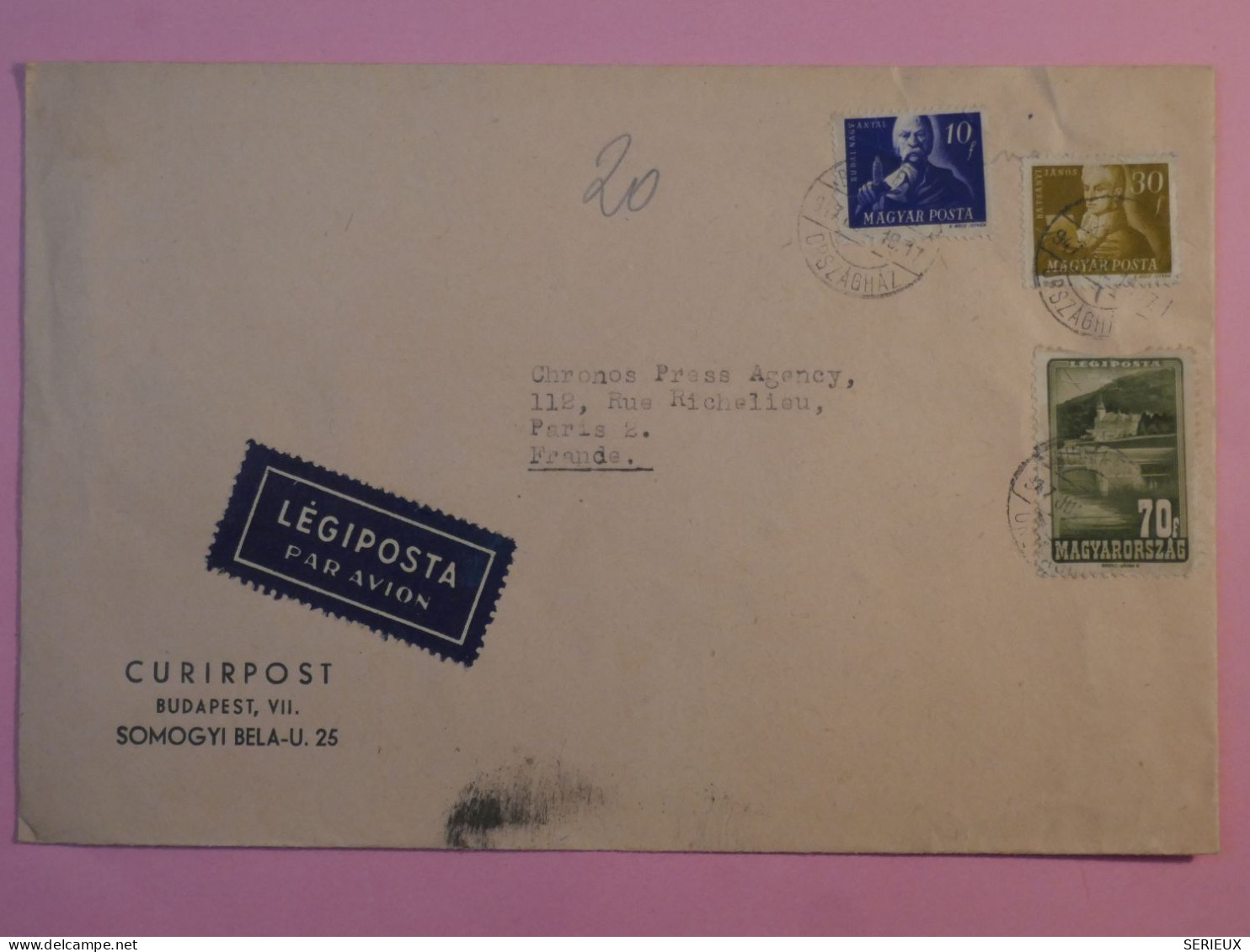 AW 21 HONGRIE BELLE  LETTRE  1947  PAR AVION BUDAPEST A PARIS FRANCE +CHRONO PRESS +PAIRE DE TP  +  AFFR. INTERESSANT+ + - Cartas & Documentos