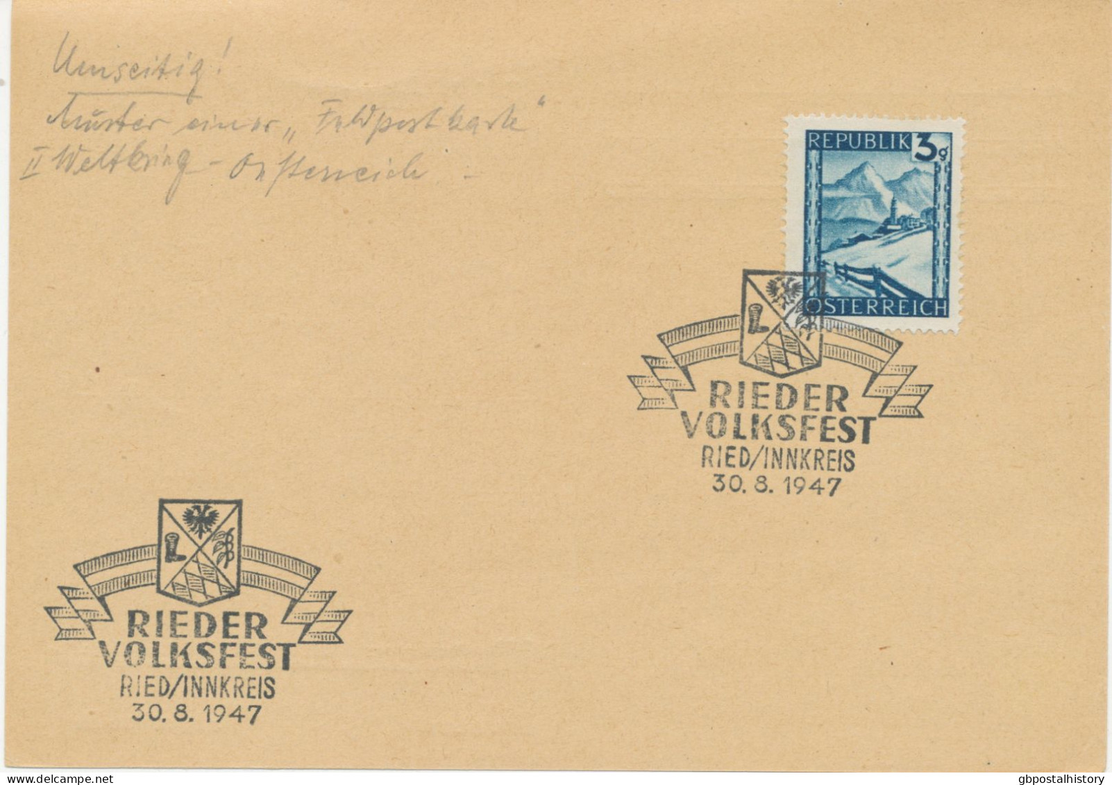 ÖSTERREICH SONDERSTEMPEL 1947 „RIEDER VOLKSFEST RIED/INNKREIS 30.8.1947“ In Seltene Schwarze Stempelfarbe (wurde In Rote - Cartas & Documentos