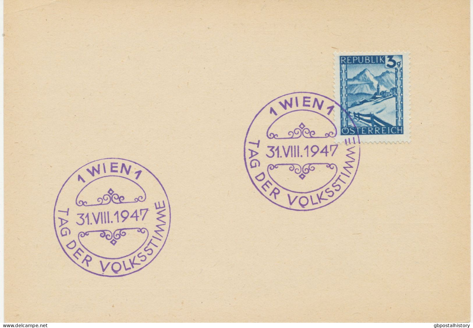 ÖSTERREICH SONDERSTEMPEL 1947 „1 WIEN 1 – 31.VIII.1947 TAG Der VOLKSSTIMME“ In Violette Farbe (normaler Stempelfarbe) - Covers & Documents