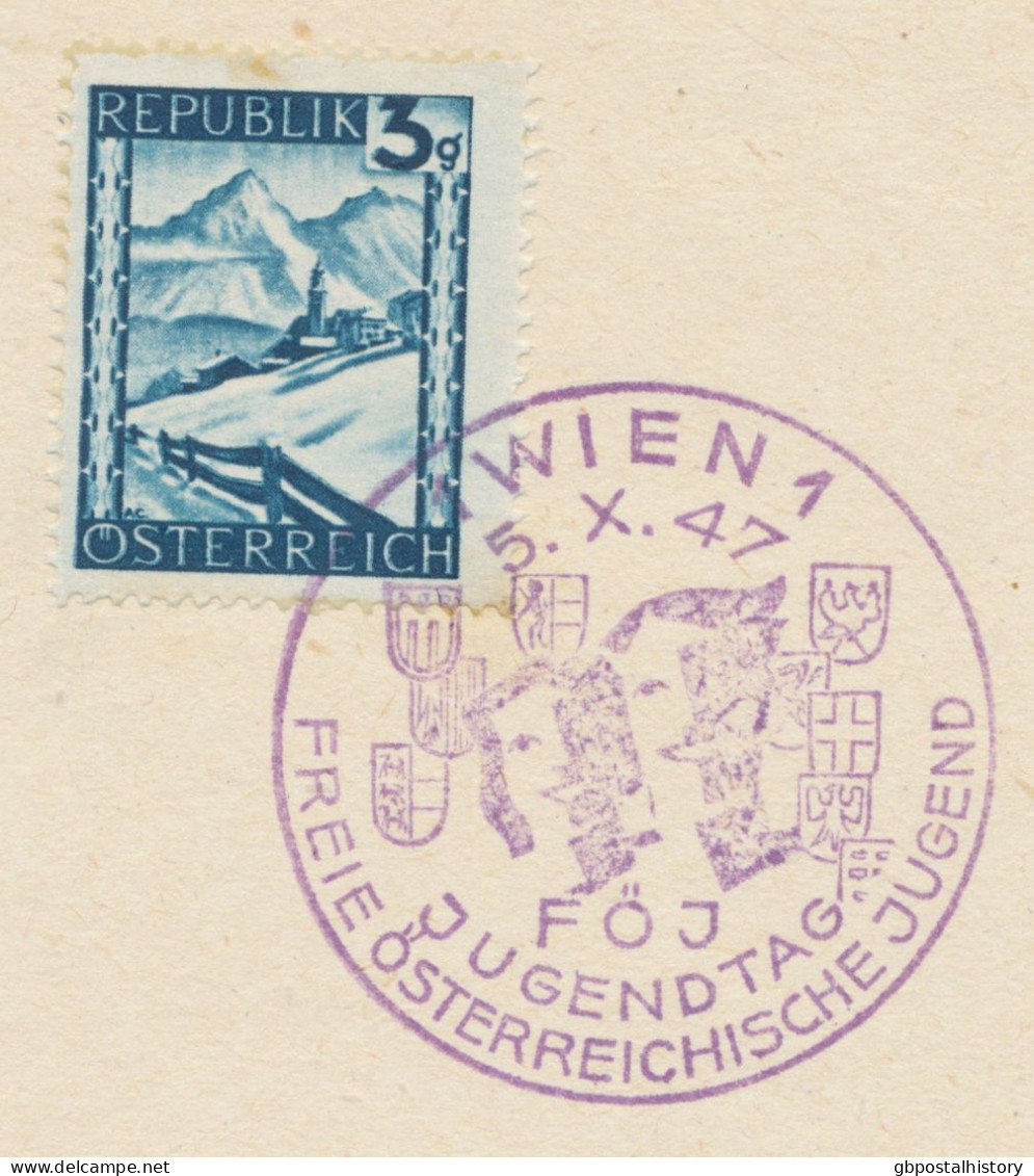 ÖSTERREICH SONDERSTEMPEL „1 WIEN 1 – 5.x.47 FÖJ JUGENDTAG FREIE ÖSTERREICHISCHE JUGEND“ In Violette Farbe (originale Ste - Storia Postale