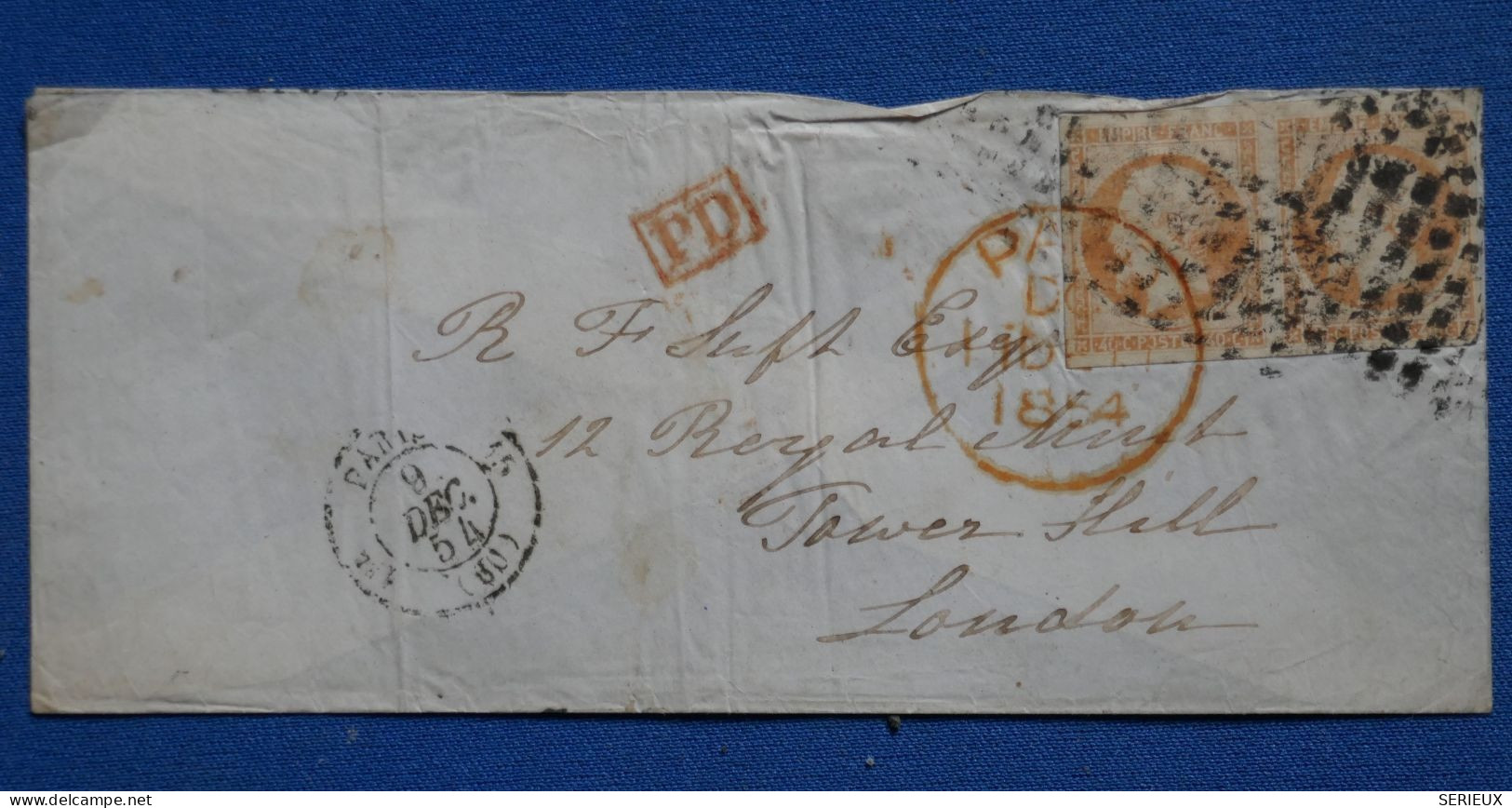 BQ 6  FRANCE BELLE LETTRE RARE 1854 PARIS POUR LONDON GREAT BRITAIN+ PAIRE DE T.P AFFR. GROS POINTS+ CACHETS ROUGES - 1853-1860 Napoléon III.