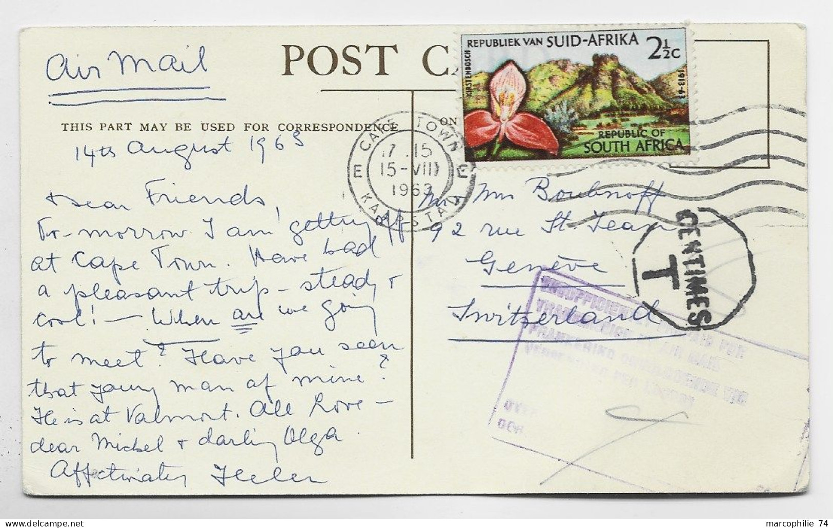SUD AFRIKA 2 1/2C SOLO CARD  BOAT STEAMER TRANSVAAL AIR MAIL CAPE TOWN 1963 TO SUISSE TAXE - Storia Postale